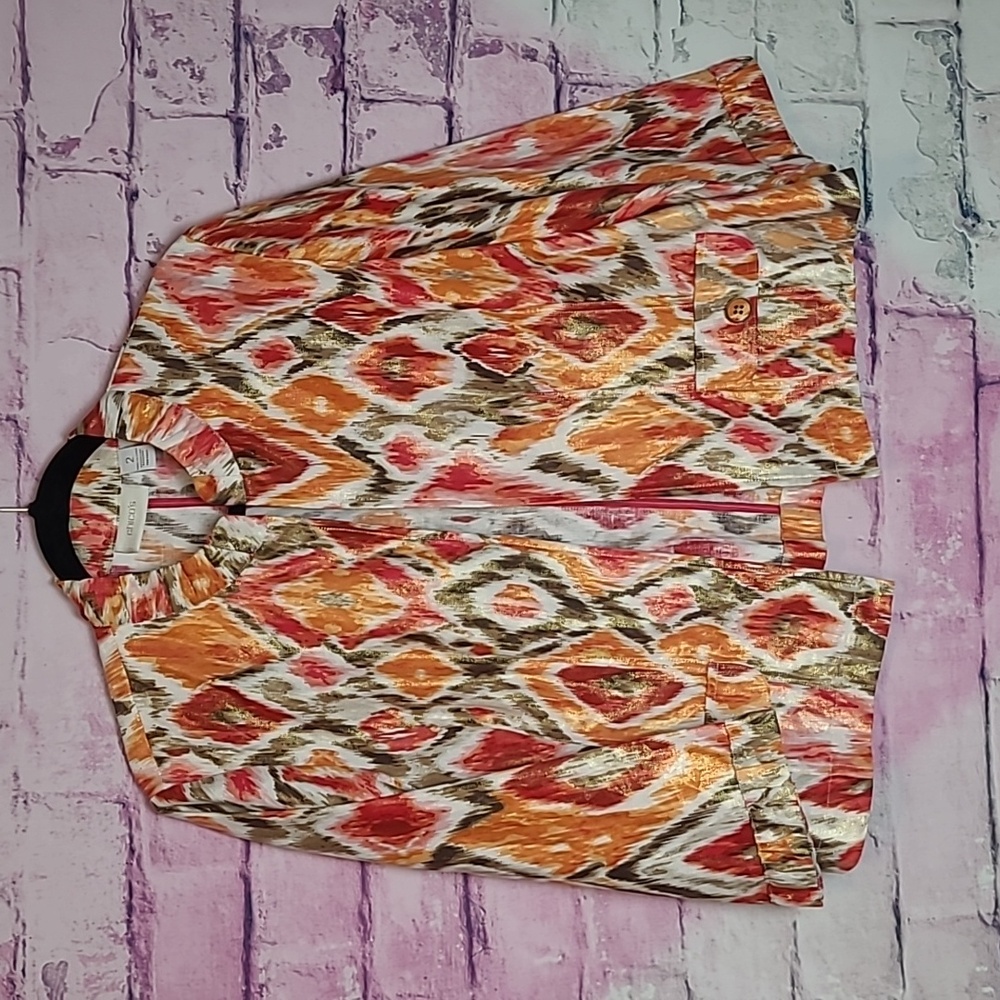 CHICO'S GOLD METALLIC FINISH CATS EYE PRINT LINEN BLEND OPEN FRONT JACKET 2
